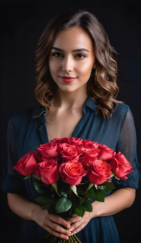 手捧玫瑰花束的卷发美女图片